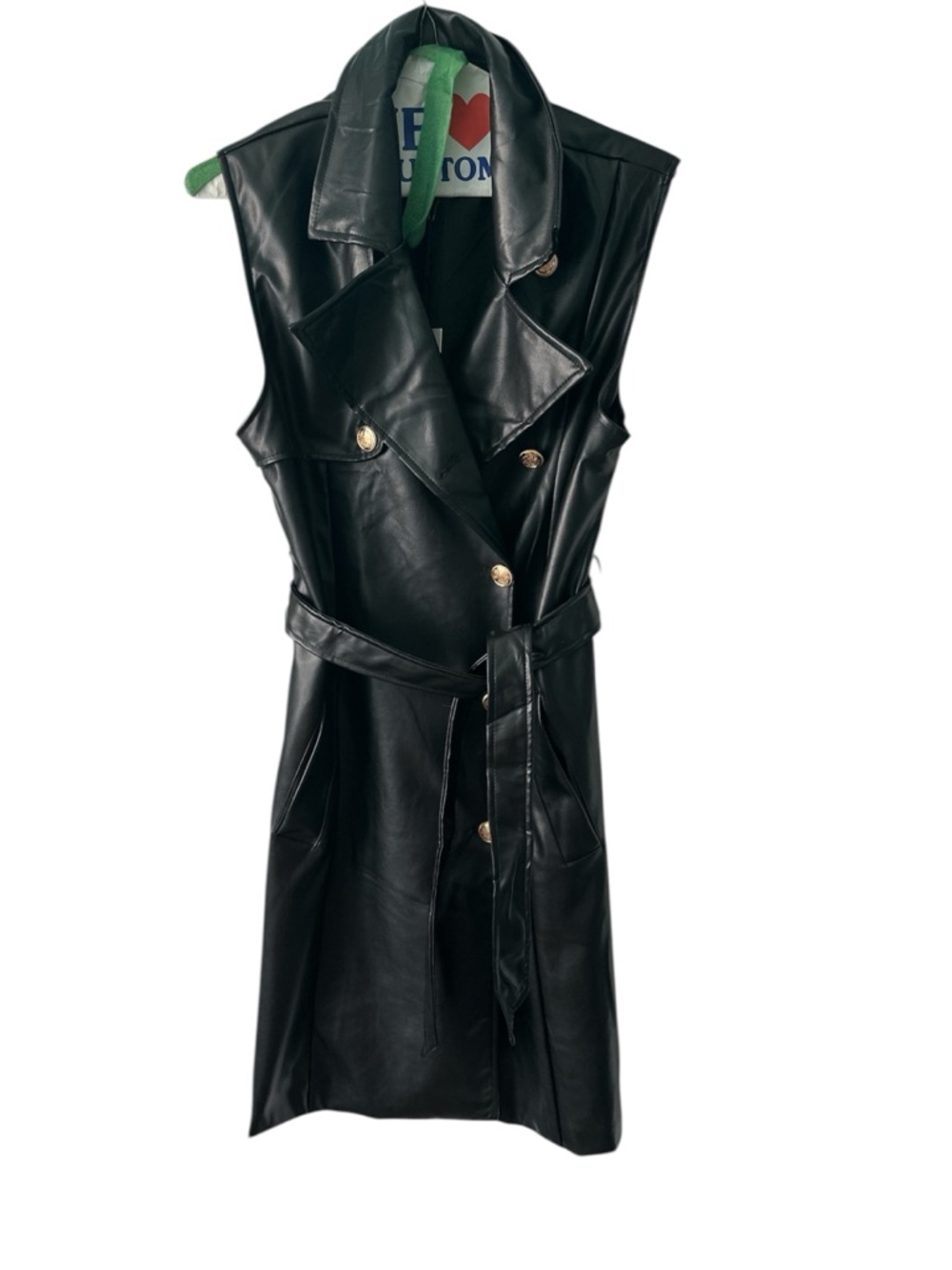 Love Tree Black Sleeveless Faux Vegan Leather Trench Vest with Belt